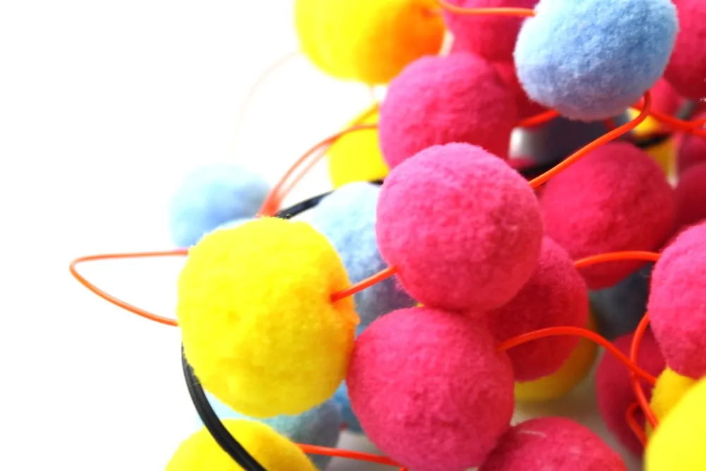 High quality beautiful multi-color polyester pom pom balls with Luminous cord