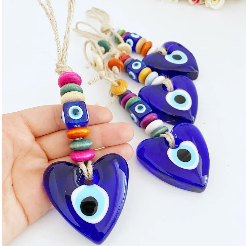 Lucky Eye Glass Star Heart Shape Pendant Wall Hanging Keychain Braided Rope Evil Eye Bead Key Chain Car Keyring for Women Gift