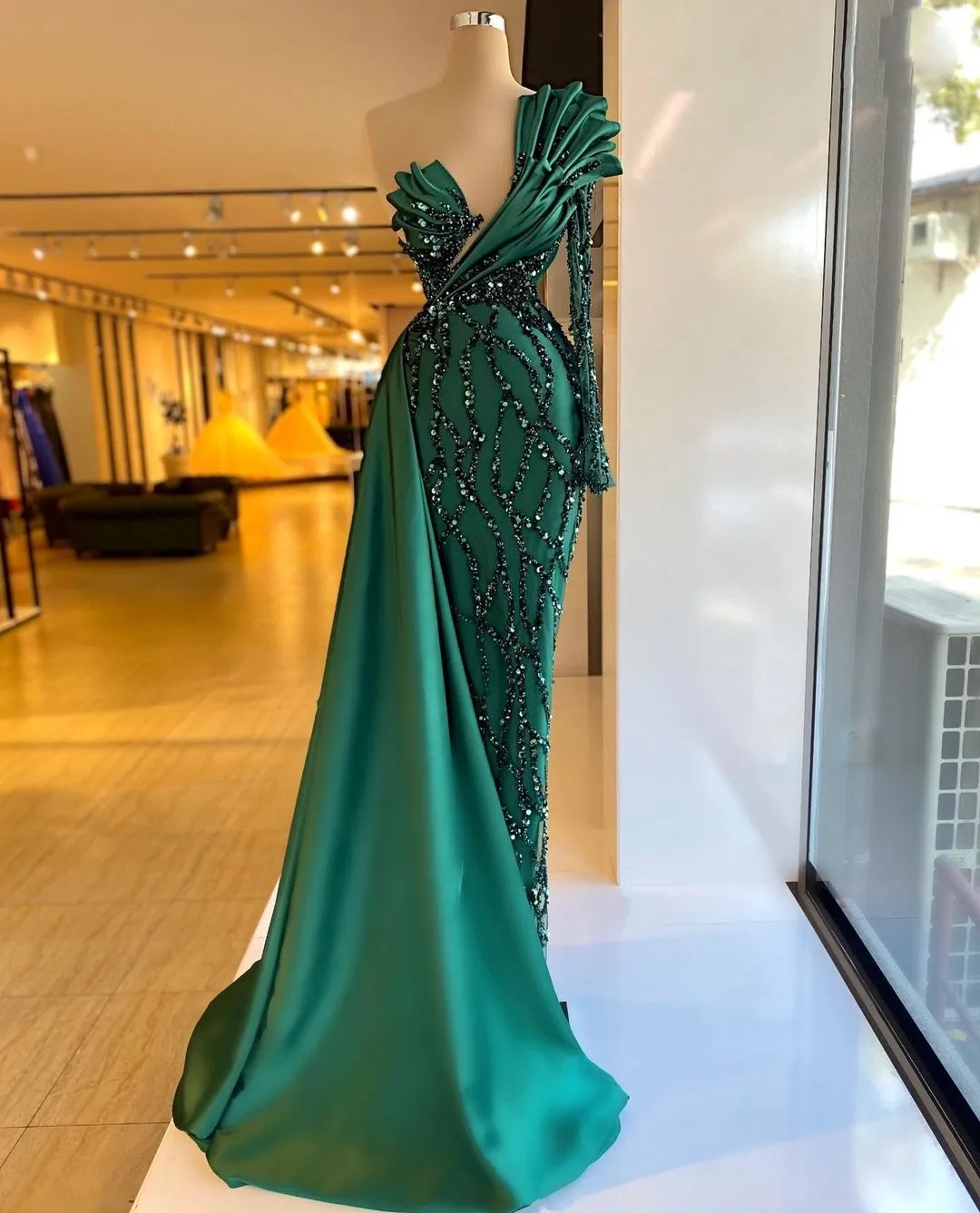 Vestido noche de sirena verde esmeralda, vestido de fiesta de lentejuelas de un hombro, volantes, brillo, celebridad, Vestidos de graduación hechos a medida| | AliExpress