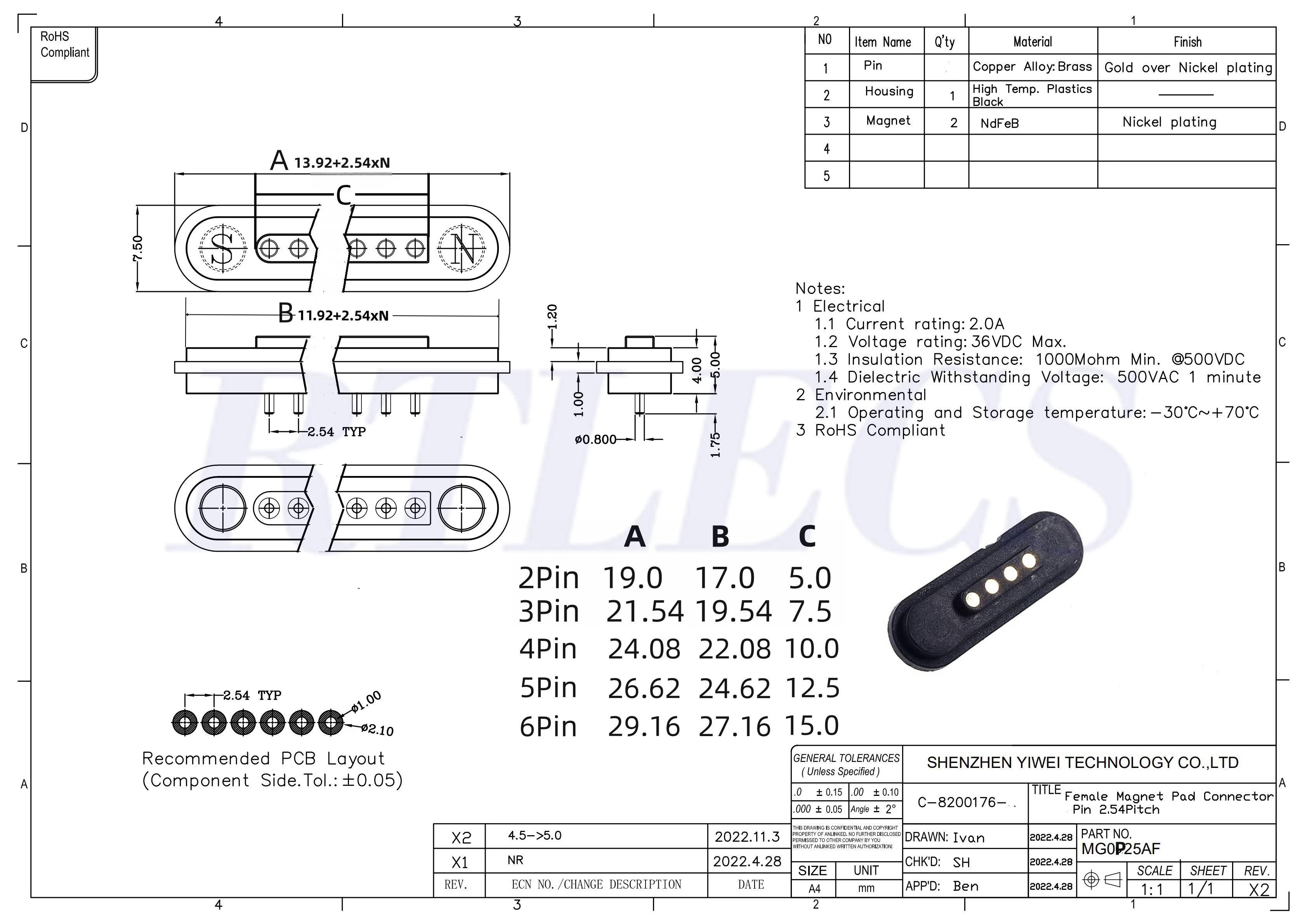 2A wasserdichter magnetischer Pogo-Pin-Stecker, 2, 3, 4, 5, 6 Positionen, federbelastet, 2,54 mm männlich, weiblich, DC-Steckdose, Kontaktleiste – Detail 4