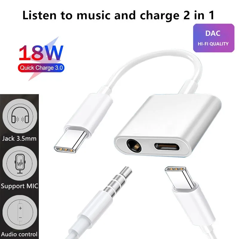 

Dual USB Type C Splitter DAC 2 in 1 Audio Fast Charge Type C to 3.5mm Headphone Adapter for Google Pixel Huawei Xiaomi Oneplus
