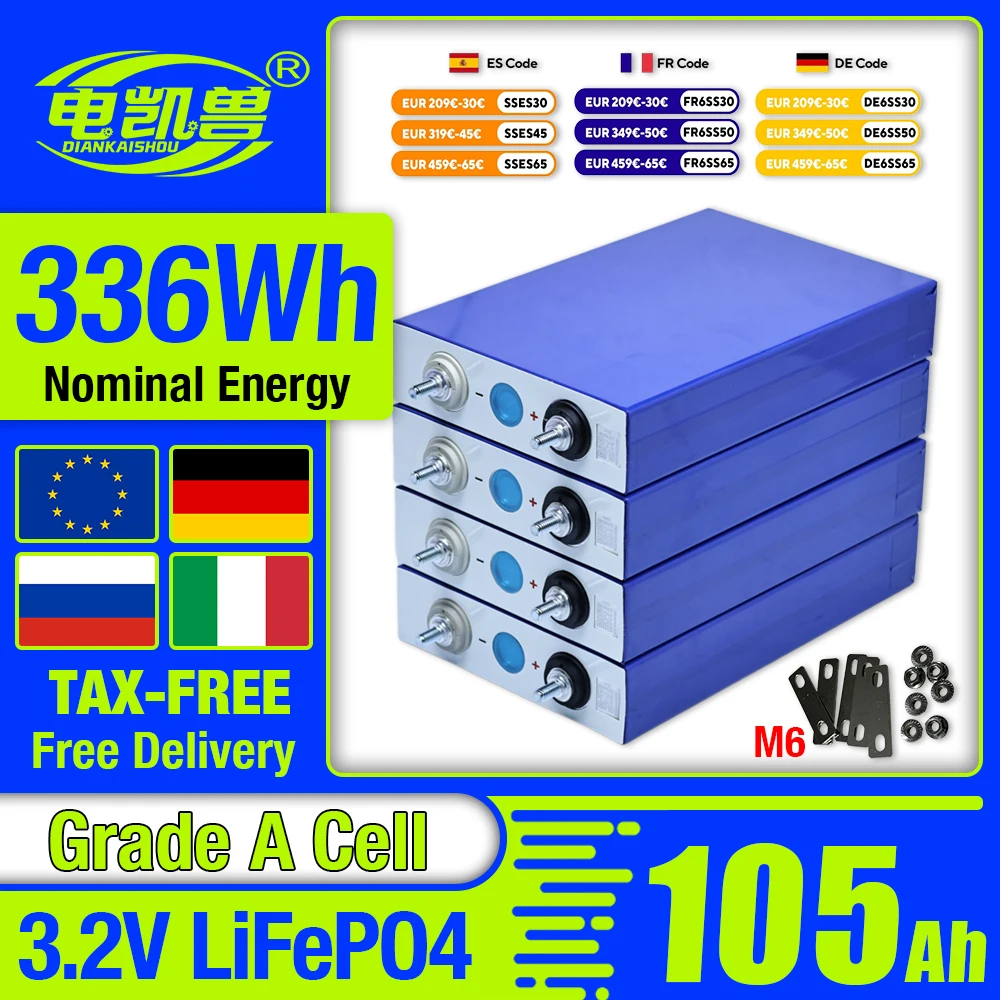 Nuovissima Batteria LiFePO4 Grado A 6000+ Cicli 105AH 3.2V 336Wh Cella Ricaricabile Fai-da-te per Batterie Energetiche Domestiche 12V 24V 48V