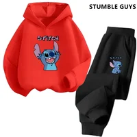 Stitch Letter Kawaii Fashion Children Hooded Sweatshirt+Pants Two-piece Set Boy Girl Autumn Winter Daily Casual Warm Sportswear