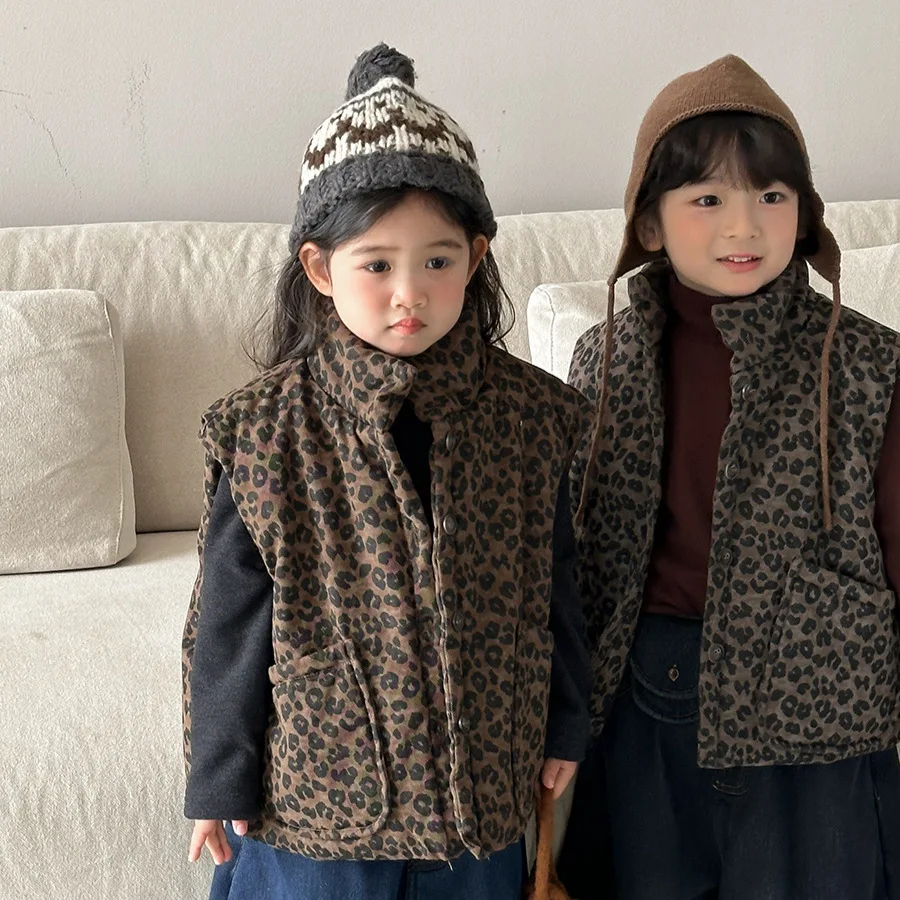 2025 남녀 숲 시리즈 루즈 두꺼운 코트 탱크탑 어린이 겨울 레오파드 패턴 면 조끼