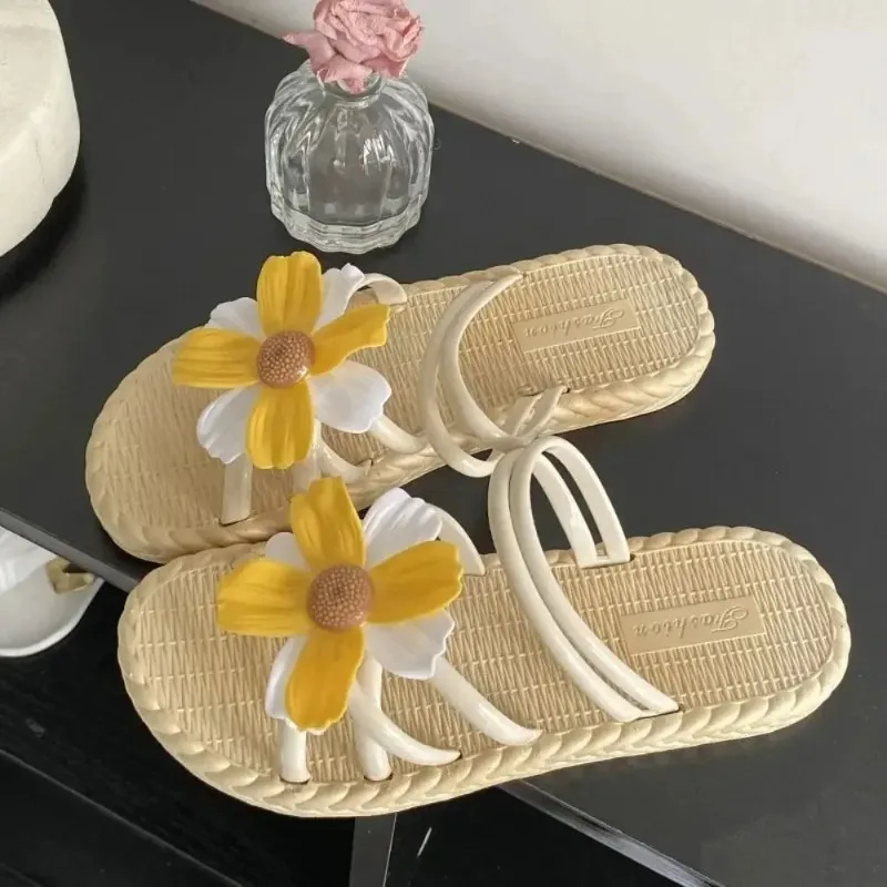 Boho Linen Flower Decor Flip Flops Fashion Women Slides Flat Heel Outdoor Beach Summer Woman Slippers Ladies Shoes
