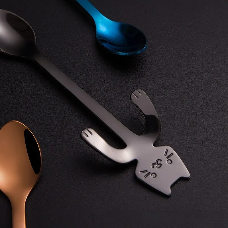 Stainless Steel Spoons 1pc Creative Cat Shaped Coffee Spoon Teaspoon Children Spoon Cake Stirring Sugar Soup Dessert