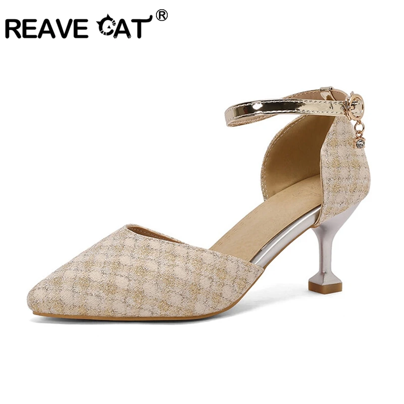 

REAVE CAT New Sexy Pointed Toe Women Pumps Rhinstone Pearls Dress Party 5cm Small Thin Stiletto Heel Big Size 28 29 30 46 47