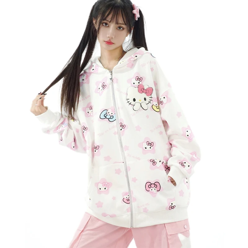 

Kawaii Sanrio Hoodie, Cute Hello Kitty Velvet Jacket, Sweet Girl Style Sweatshirt, Zipper Cardigan, Women's Autumn and Winter