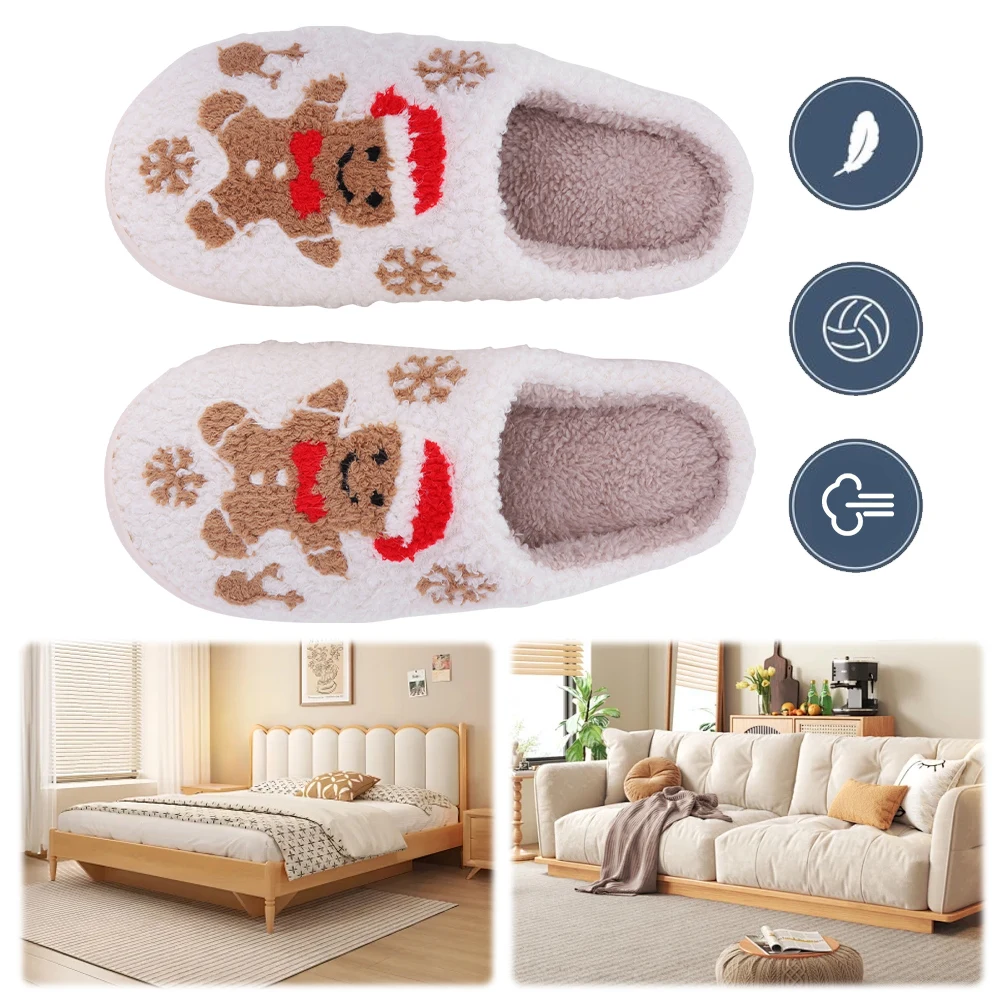 Christmas Gingerbread Man Slippers Warm Slip-on House Shoes Comfortable Fluffy Home Slippers Anti Slip for Indoor Bedroom