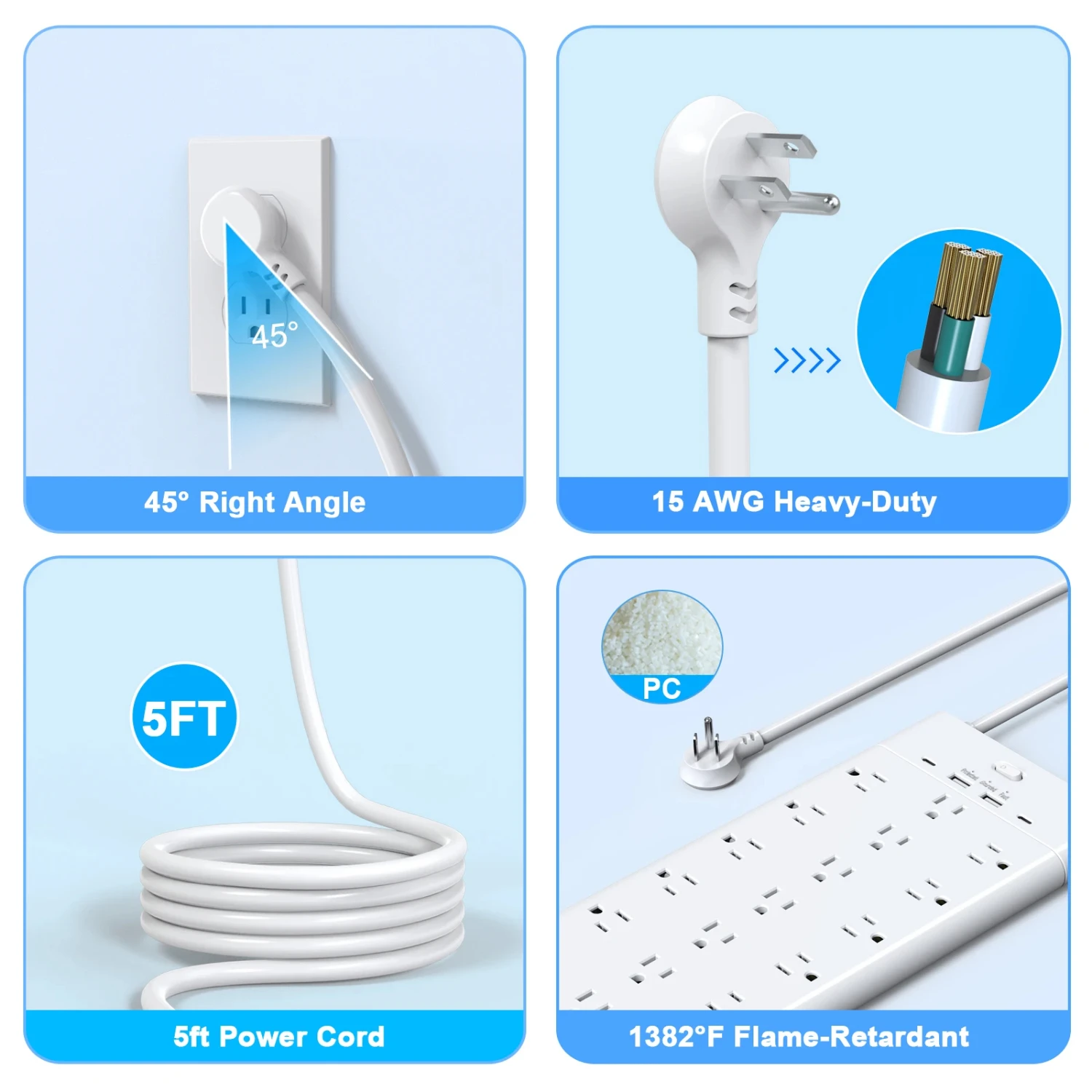 23-in-1 Power Strip Plug 19 AC Outlets Electrical Socket 4 USB Ports 2 Type-C 1.5M Extension Cable Multitap Network Filter