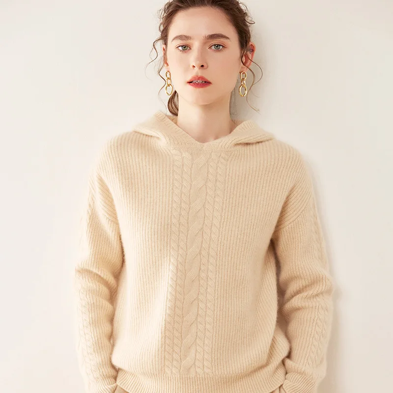 

New Fashion Women's Solid Color Knitted Cashmere Hooded Thickened Drop Shoulder Pullover Bottoming Shirt Loose Sweater