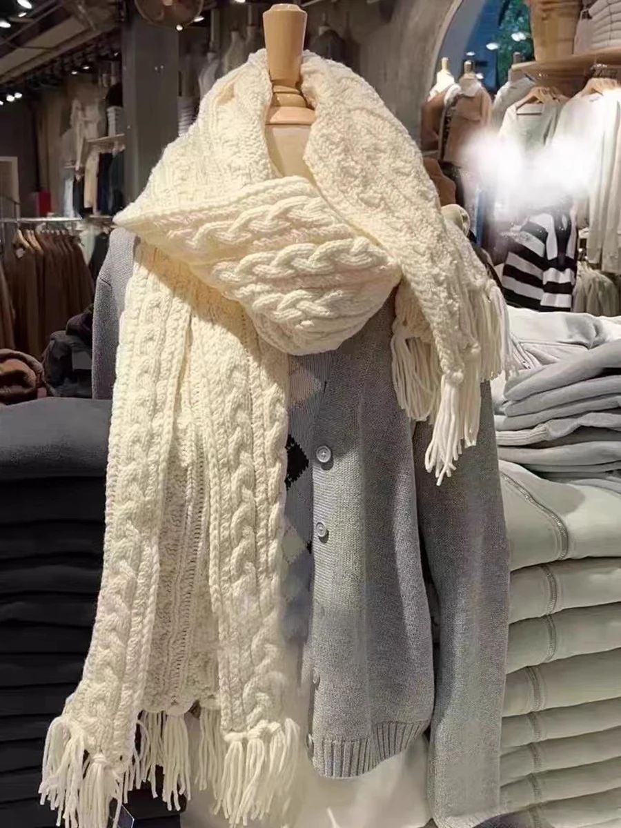 Tassel Twisted Flower Knitted Scarf For Woman Autumn Winter Unisex Thick Warm Long Size Casual Beige Sweet Scarves Hand Made