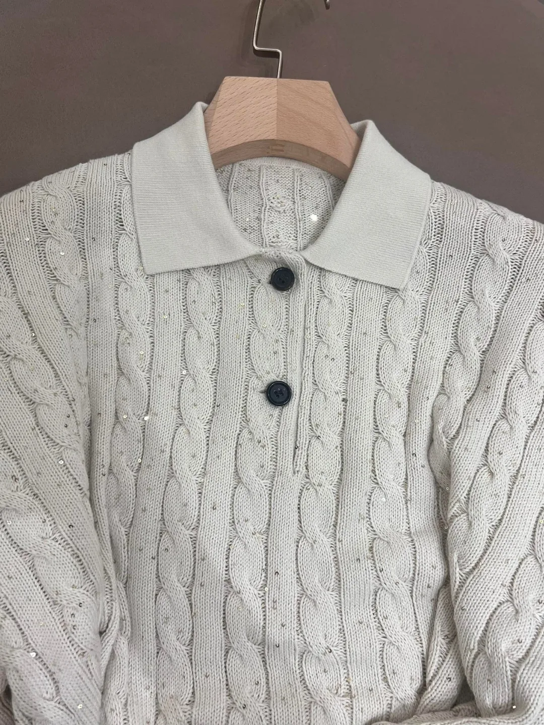 Spring Summer 2024 B*C Women\'s Sweater Cotton Knitwears Turndown Collar Pullover Tops Female Long Sleeves Woman\'s Clothing