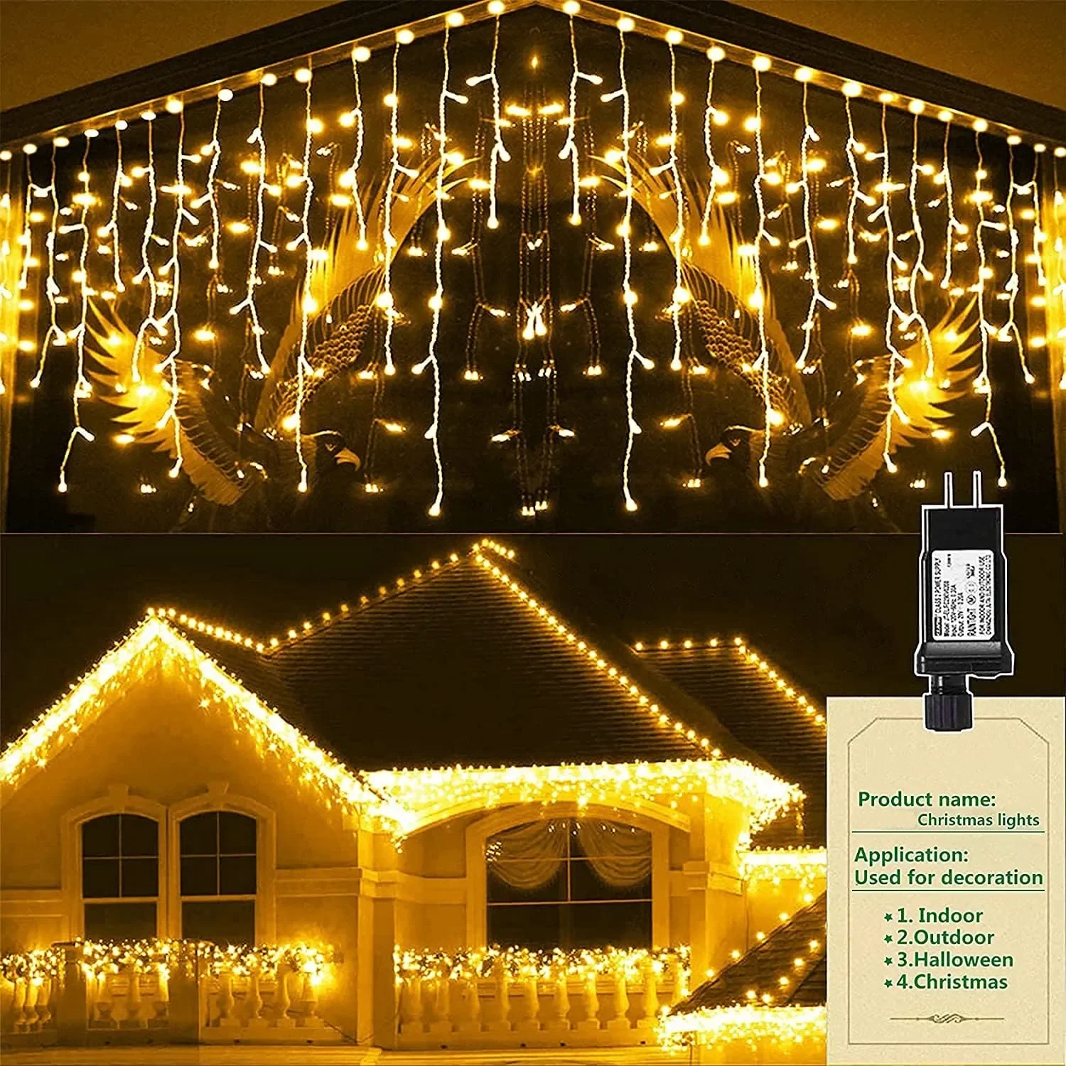 thumbnail image 1 of Luces LED navideñas estilo carámbano con luces estroboscópicas centelleantes, cable blanco, carámbano (luz estroboscópica blanca cálida + luz estroboscópica blanca fría), 4 m (ancho) x 0,6 m (alto), g, 1 of 5