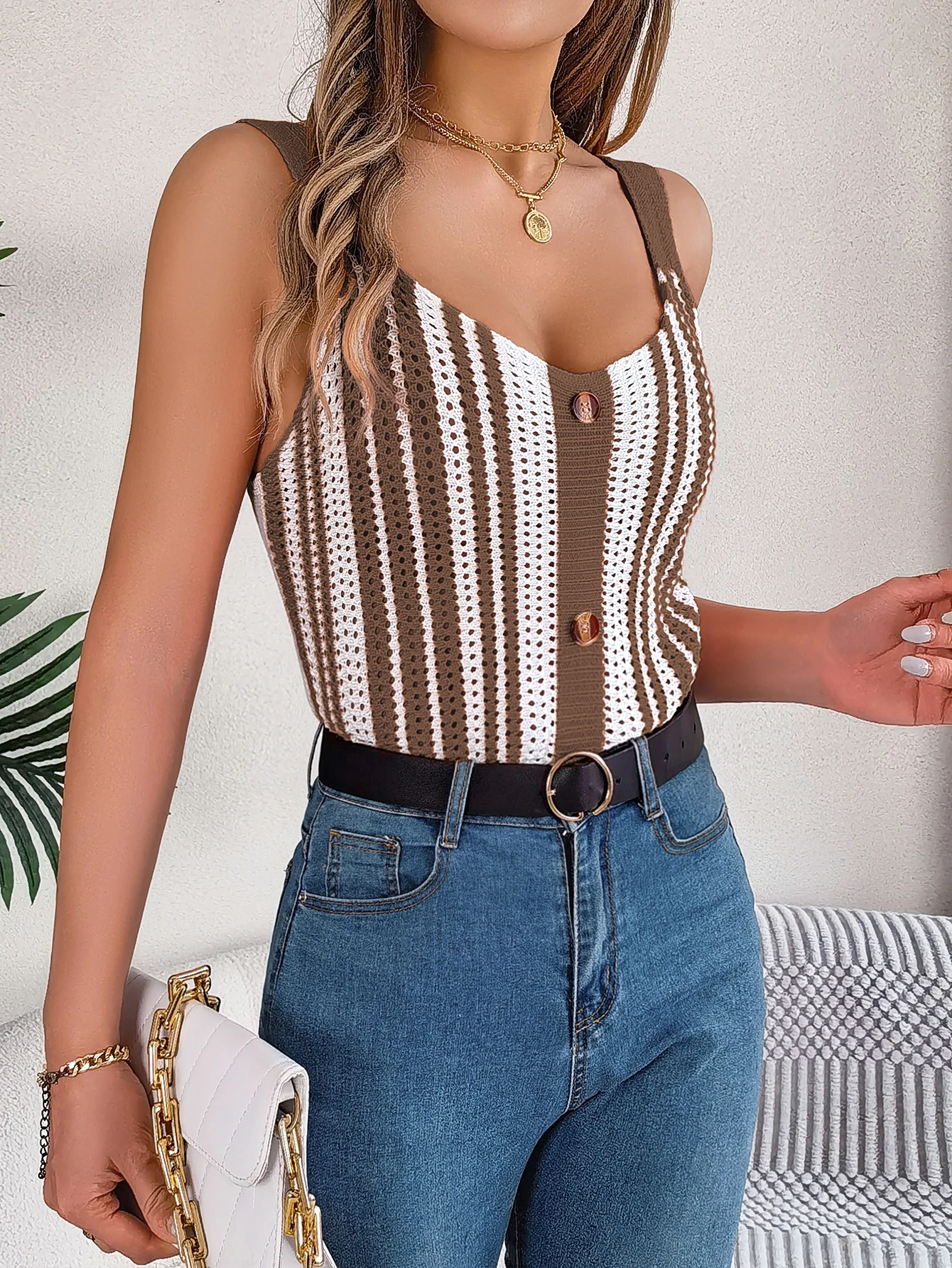 Women V Neck Striped Knitted Vest for Spring Summer