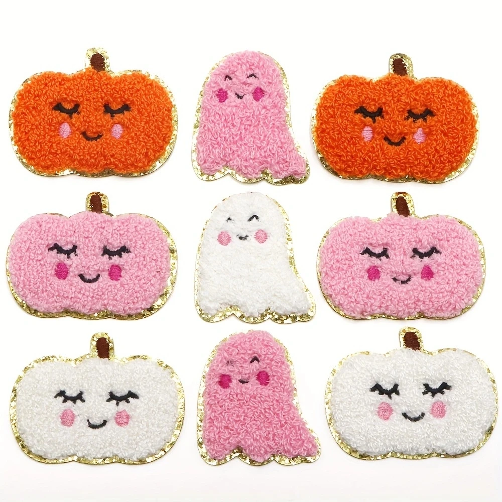 2pc Kürbis Ghost Chenille Eisen auf Patches Stickerei Patch Halloween Patch aufnähen Patch für Kleidung Jacke Rucksack Dekoration
