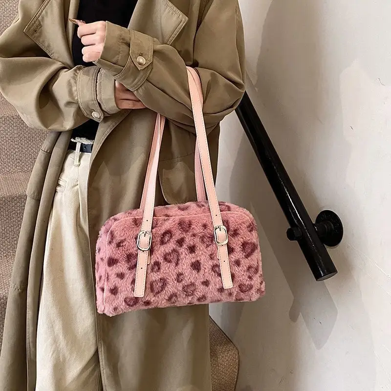 JIAERDI Leopard Print Pink Handbag Women Autumn Winter New Plush Soft Y2k Shoulder Bags Female Sweet Cool Purse Bolsos De Mujer