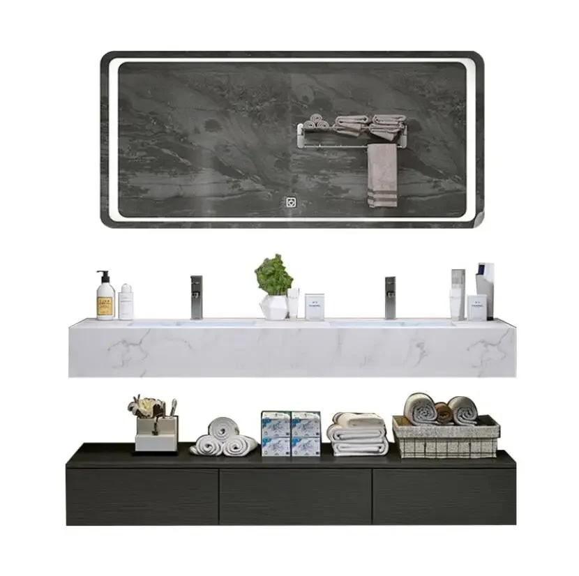 Modern Design Plywood Bathroom Vanity Cabinet With LED Smart Mirror And Basin Sink For Villas