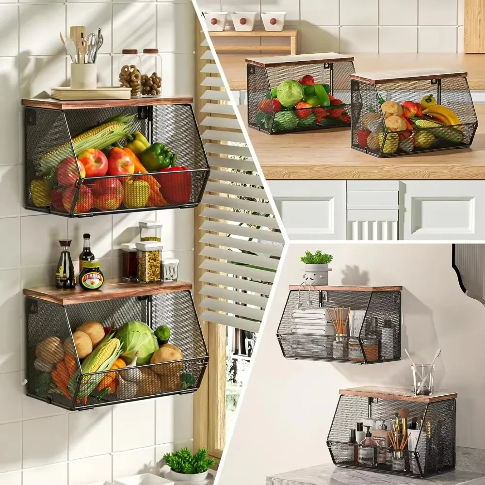 Hanging Fruit Basket Wall Mounted Countertop Frame Stackable Desktop Shelf Kitchen Storage Rack Portable Onion Organizer Baskets