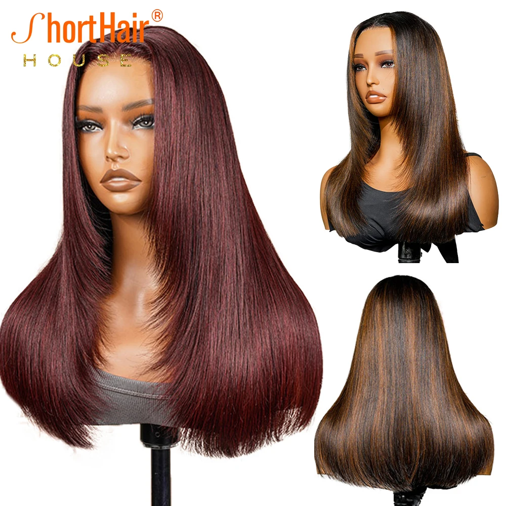 Invisi Strap 360 Lace Frontal Wigs Human Hair Highlight Brown Human Hair Wigs 99J Brazilian Layered 4x4 Pre-Cut Lace
