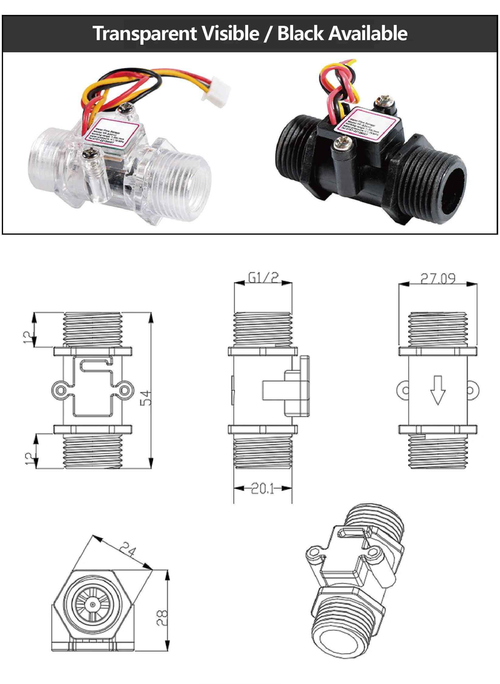 S201 G1/2 Hall Water Flow Sensor DC 5V Liquid Flow Meter for Water Purifier Heat