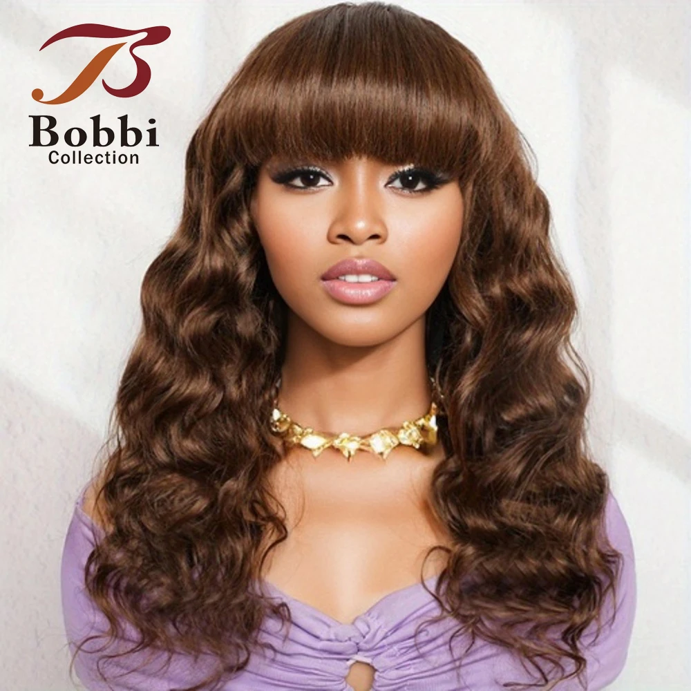 Human Hair Wigs with Bang Romance Curl Loose Wave Full Wig Brown Machine Made Non Lace Wig with Fringe Bobbi