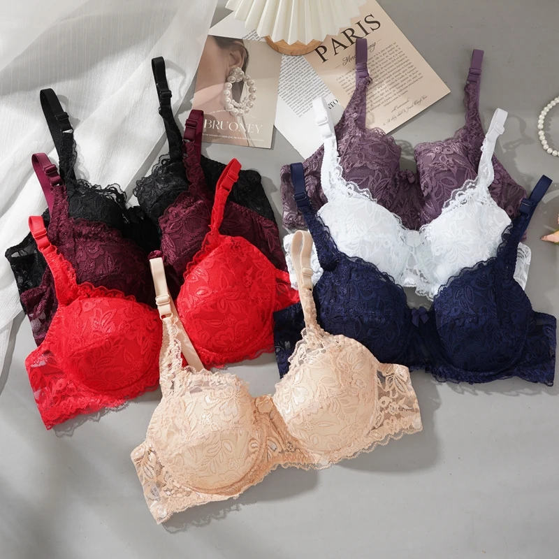 Women New Sexy Floral Lace Bras Comfort Breathable Underwear Brassiere Summer Thin Push Up Bras Solid Color Lace Bra 2