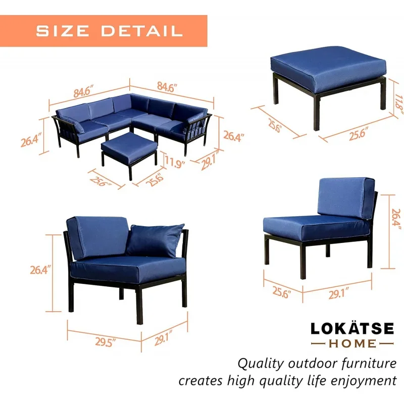 6 piece patio conversation set outdoor furniture sectional sofa with 3 corner couch 2 armless chair and 1 Ottoman, 6pcs, blue Cu