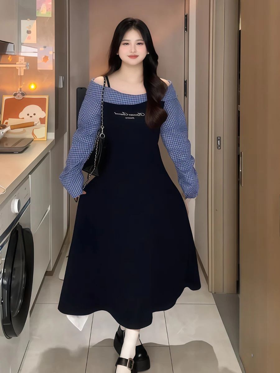 plus Size Korean Sle Plaid Patchwork Fake Two-Piece Dr Slimming Long Skirt for plus Size Women Spring Season High Waist