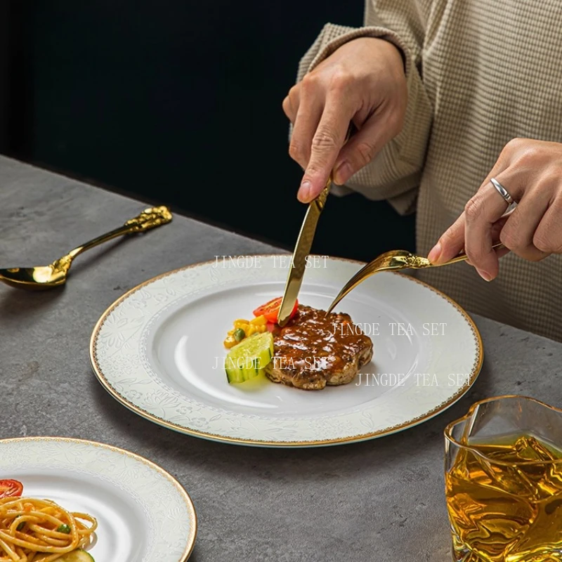 Steak Plate Dessert Sushi Plate Household Kitchen Utensils Bone China Main Dining Plate European Style Dark Patterned Flowers