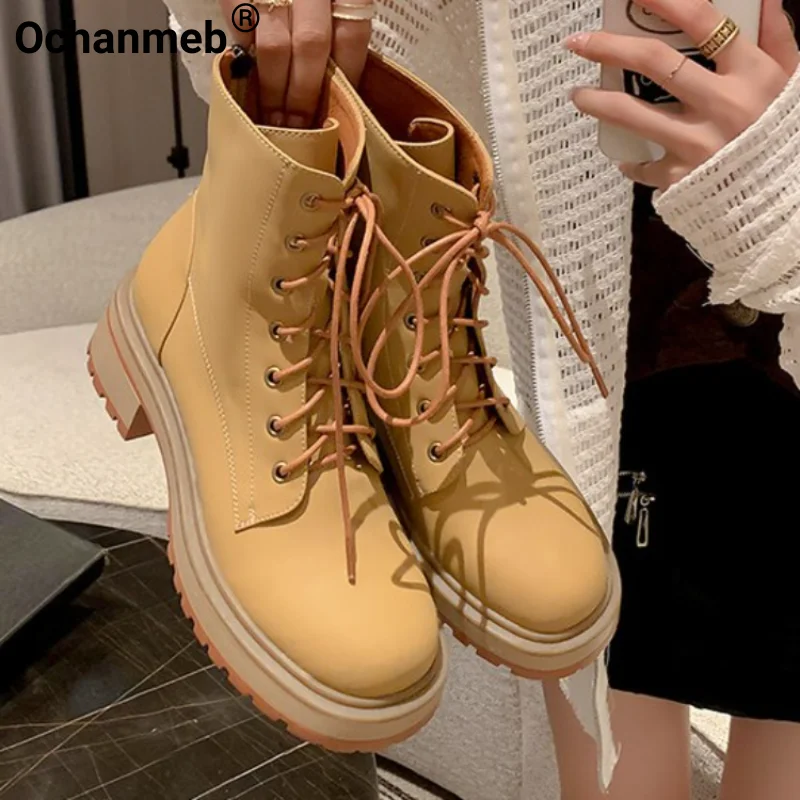 

Ochanmeb Women Genuine Leather Lace-up Boots INS Trend Zipper Ankle Short Boots Desinger4 Round Toe Platform Shoes Autumn Winter