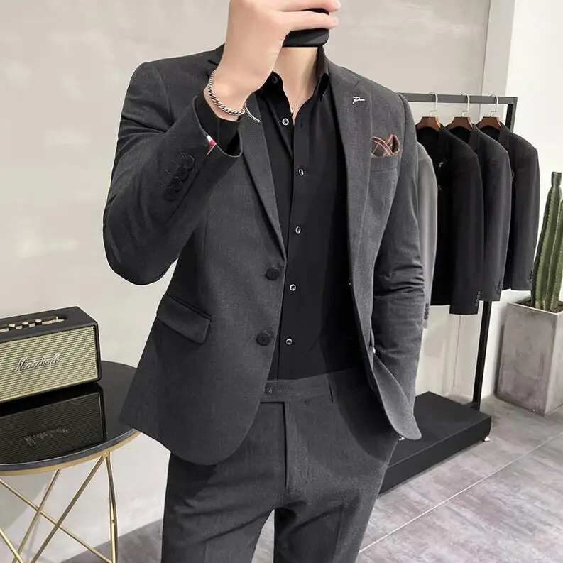 

Men Suits ( Jacket +Pants ) High-end Brand Boutique Fashion Solid Color Mens Casual Business Suit 2Piece Set Groom Wedding Dress