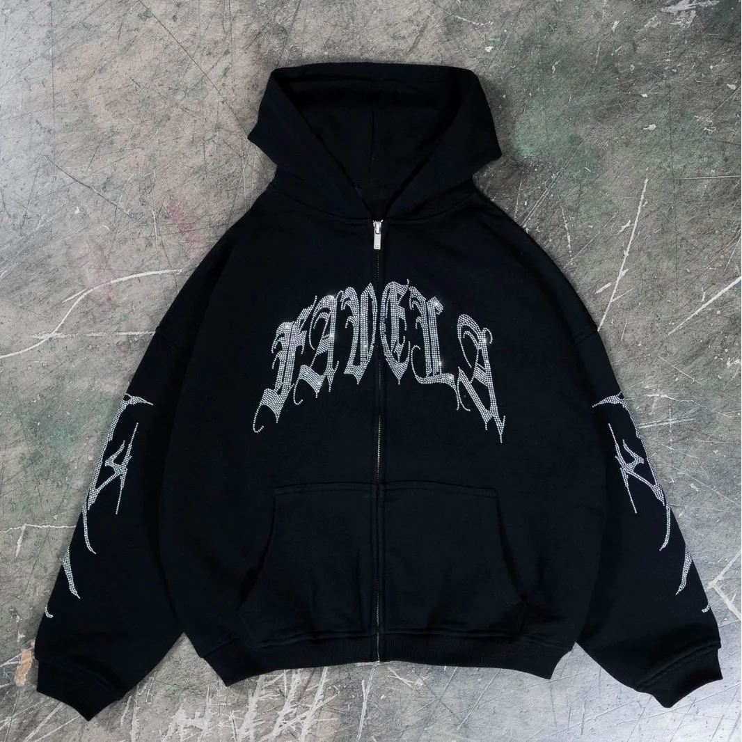 

Autumn and winter European and American style letter bone hot diamond loose hooded fashionable men and women sweatshirts y2k top