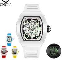 Gift Box Watches for Man ONOLA 3827WGM Tonneau Trend White Quartz Wristwatch Sports Silicone Strap Luminous Waterproof Man Watch