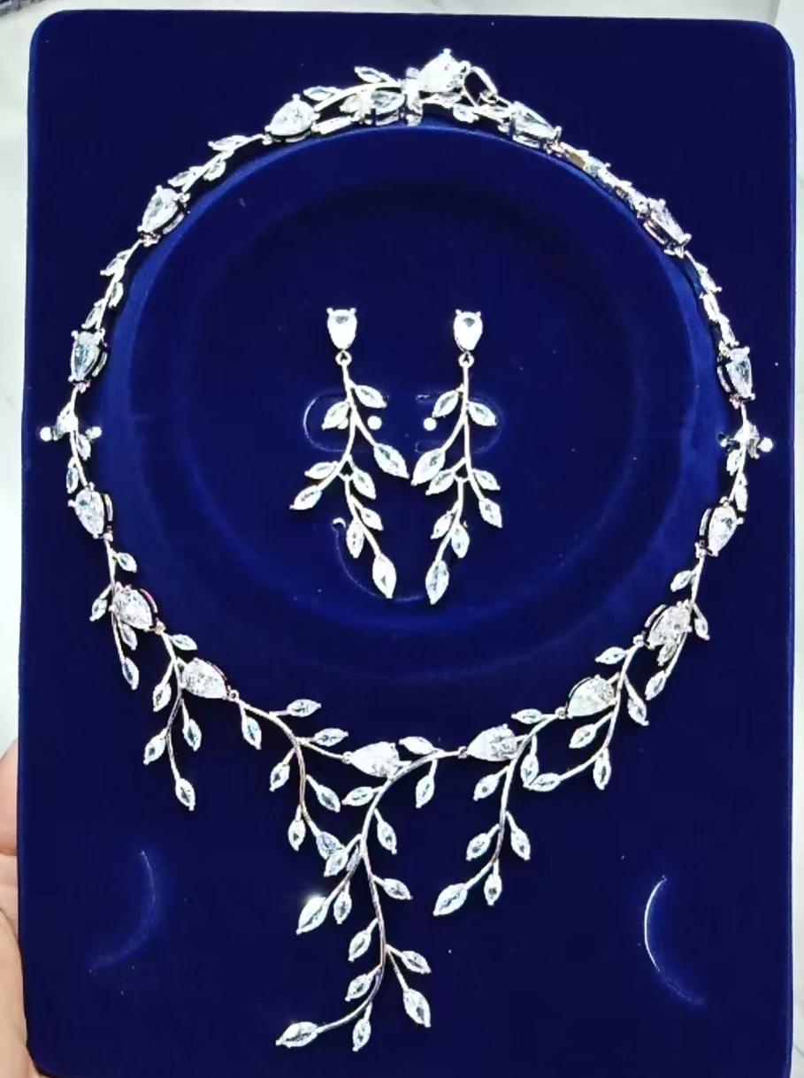 

HIBRIDE простой 2 шт листья комплекты из серег и ожерелий кубического циркония свадебный набор украшений для женщин Свадебные подарки N-1172