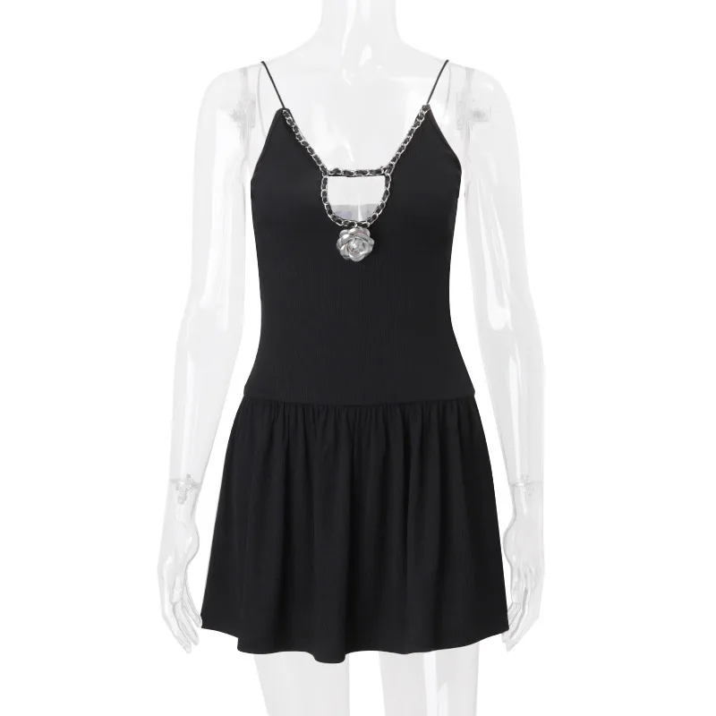 Deep V Neck Flower Sexy Mini Dress For Women Black New Spaghetti Strap Slim Fit Sleeveless Club Party Elegant Dress