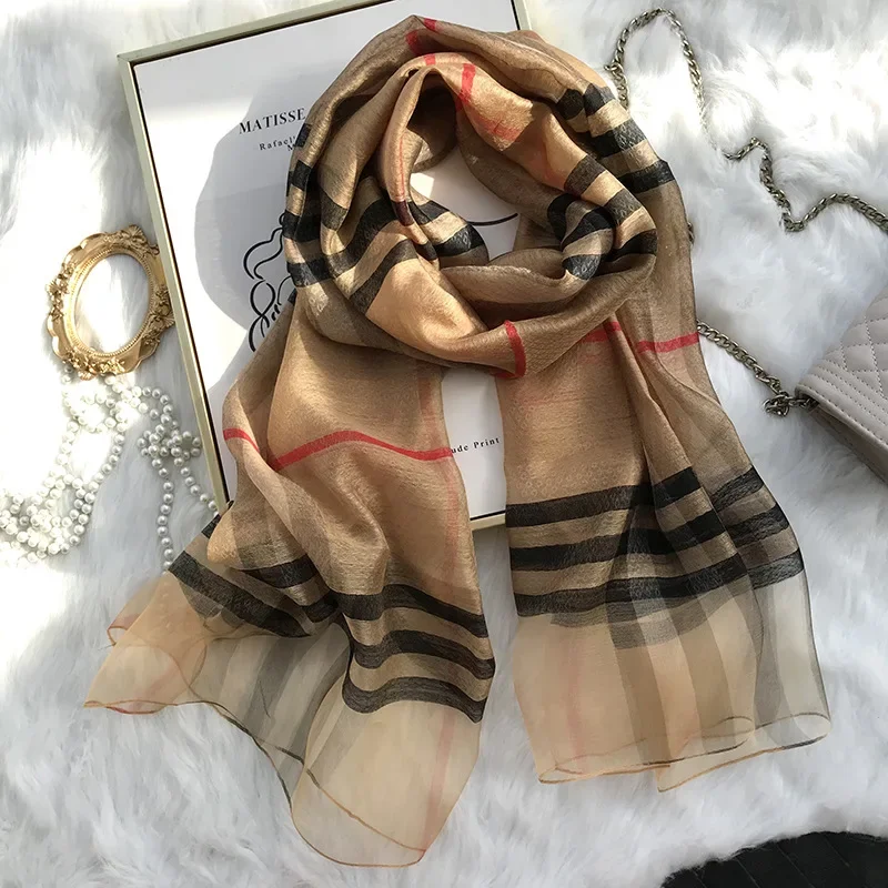 

New Checkered Scarf Women's Autumn/Winter Korean Edition Versatile Mulberry Silk Shawl, Silk Wool Scarf, Long Dual Use Scarf