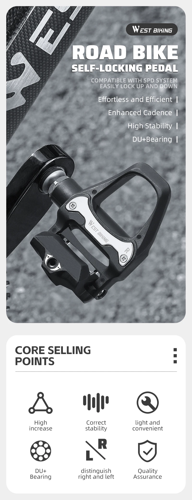 WEST BIKING 9/16 Zoll Rennrad Selbstverriegelnde Pedale Kompatibel mit SPD-System Nylon Aluminiumlegierung DU Gedichtete Lager 6 ° Schwimmklammern – Detail 3