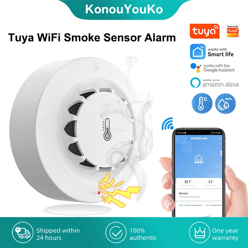 Tuya Wifi Smoke Sensor Alarm 80DB Smart Fire Temperature And Humidity Detector Security Protection Alexa Google Home Smart Life smoke alarm
