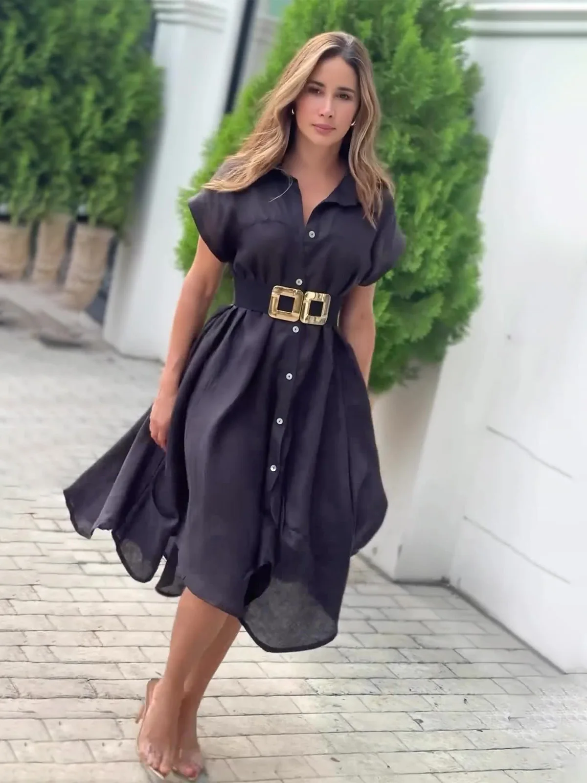 

Women's 2024 Summer Fashion casual single-breasted lapel loose long dress