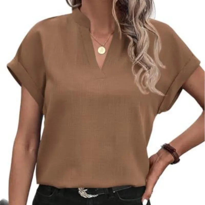 EADINVE Women's V-Neck Short Sleeve Button Top – Loose Fit, Solid Color, Casual Tee Blouse