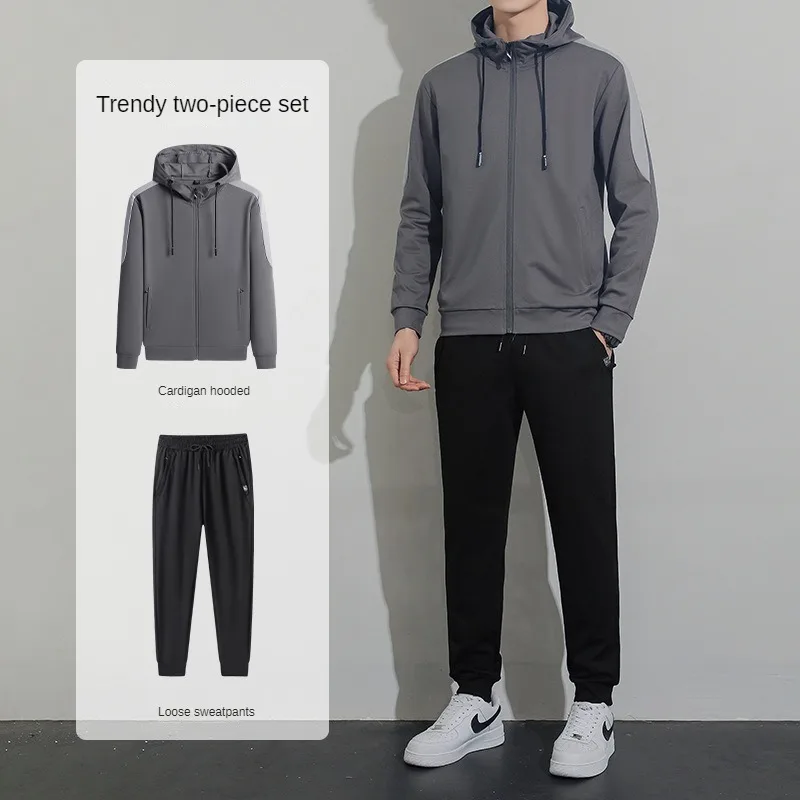 2024Spring and Autumn New Men's Two piece Casual Loose Long sleeved Pants Hooded Cardigan Casual Shirt+Outdoor Running Pants Set