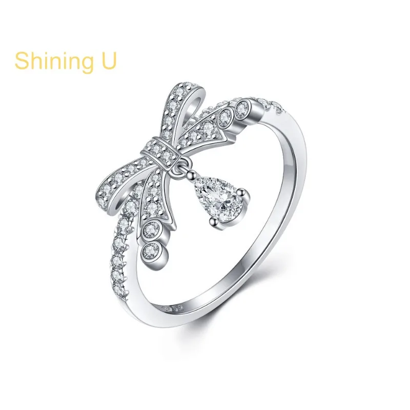 

Shining U S925 Silver Bowknot Pear Zircon Gems Ring for Women Fine Jewelry Gift