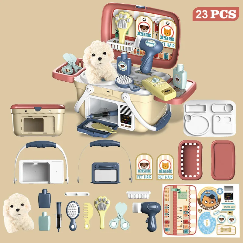 를위한 박제 개 봉제 인형으로 강아지 애완 동물 관리 Playset 의사 놀이 수의사 키트 어린이를위한 장난감 소녀