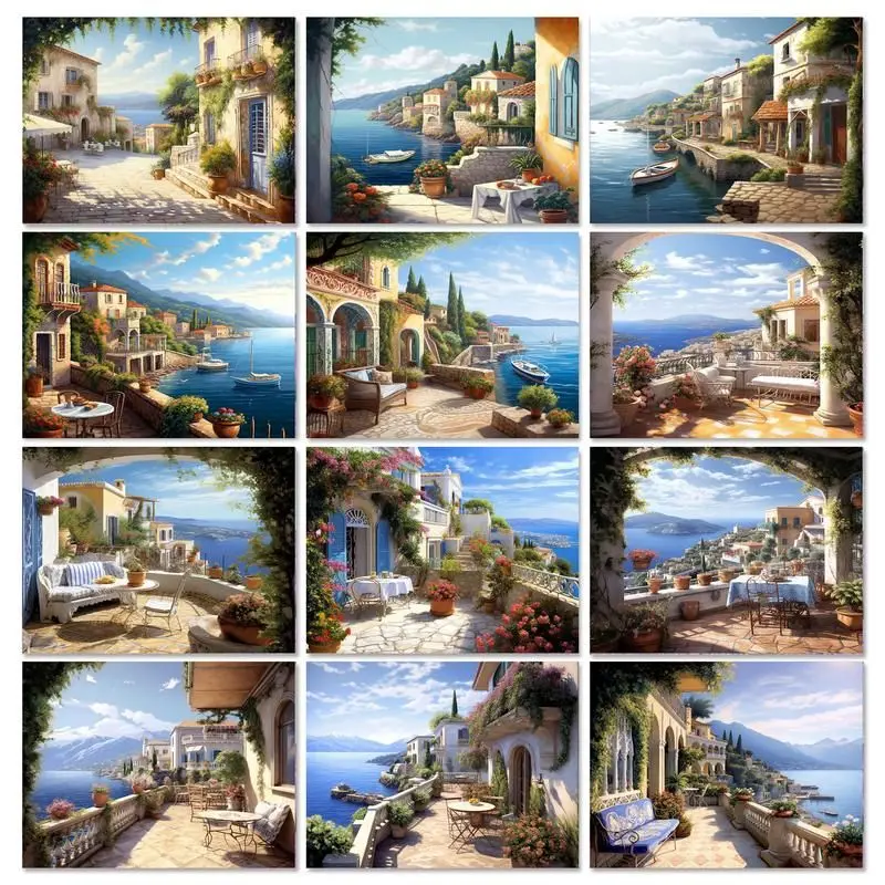 

GATYZTORY Seaside Town Landscape Picture By Numbers Crafts for Adults Diy Acrylic Paint Painting By Numbers Diy Set Gift Wall Ar