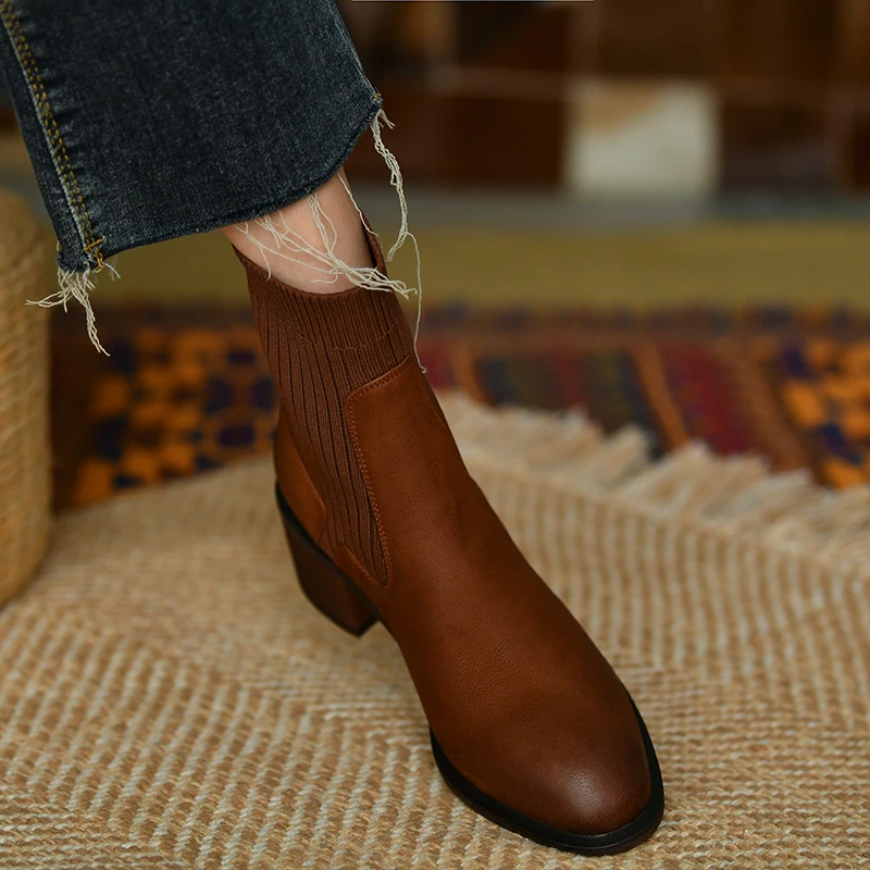 Botines Retro de piel de vaca para mujer, botas de tacón medio grueso, talla 42, Primavera, Otoño e Invierno| | - AliExpress