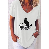 Fashion Woman Blouses 2022 T-shirt Women's 3d Cats Print Black Kawaii V-neck T Shirt Female Clothing Oversized Summer Tops Tees 12