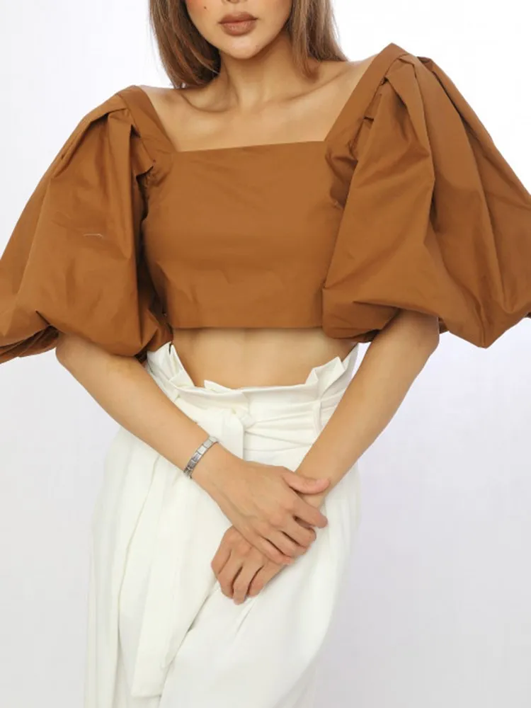 ECR Casual Solid Pullover Blouses For Women Square Collar Puff Sleeve Minimalist Loose Short Shirts Female Summer Clothing 2024