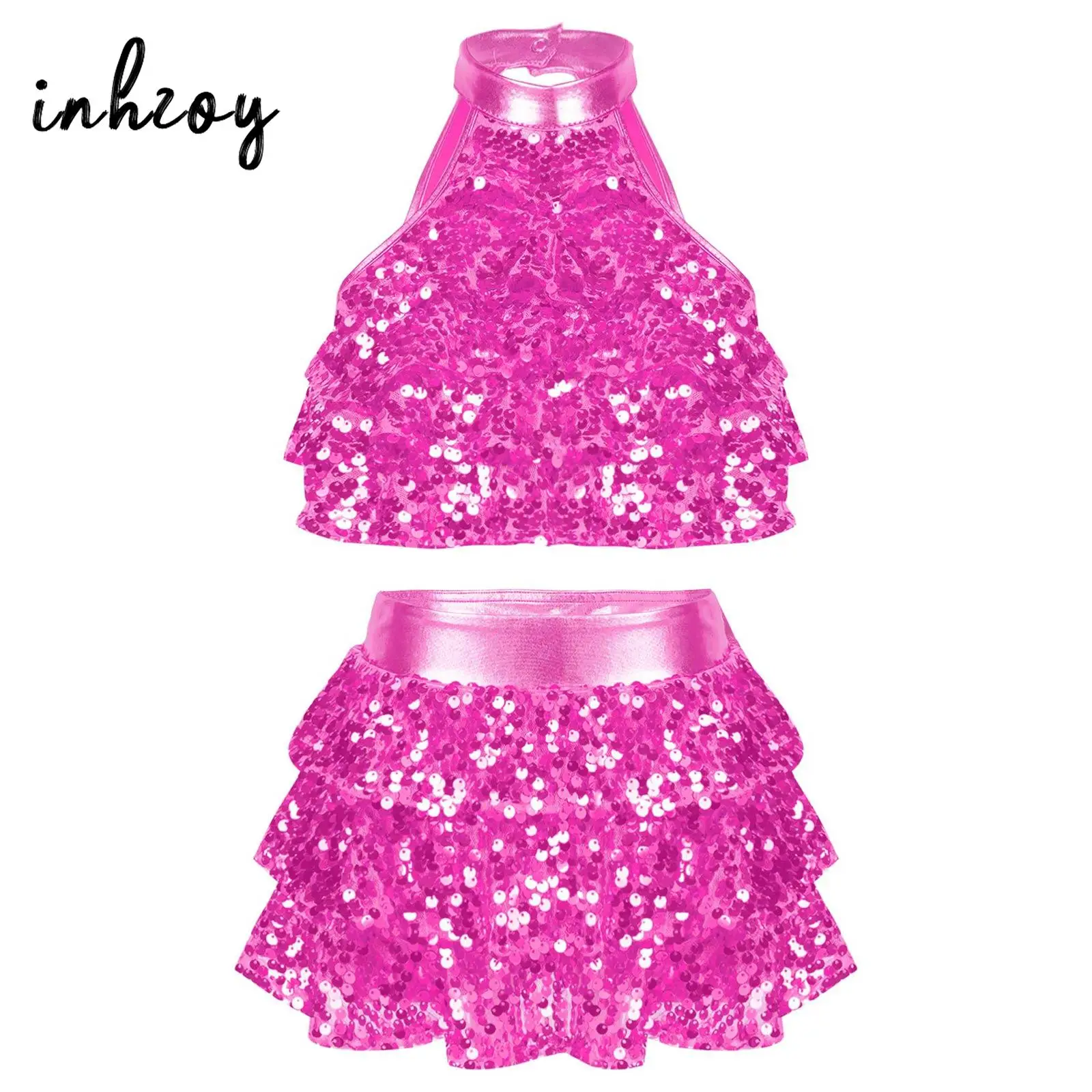 Kids Girls Sparkly Sequins Ballet Dance Outfits Modern Latin Jazz Dancing Performance Costume Ballroom Dancewear Crop Top Skirts ballet leotard ballet dress ballet skirts girls dance costumes tutu skirt
