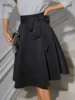Fairyshely Casual Knitted Black Skirt Women 2025 Summer Lace-up High Waist Knee Skirt Ladies Elegant Solid A line Pleated Skirt